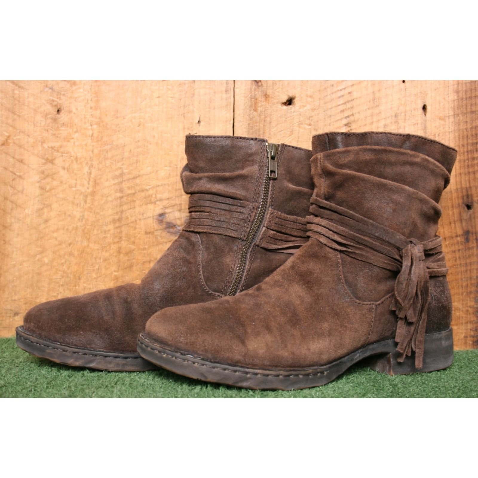 Born Børn Cross Brown Distressed Suede Fringe Slouchy Ankle Boots Sz. 8.5 M Women Heel Low Zip Bootie Shoe Size US 9 / IT 39 - 2 Thumbnail