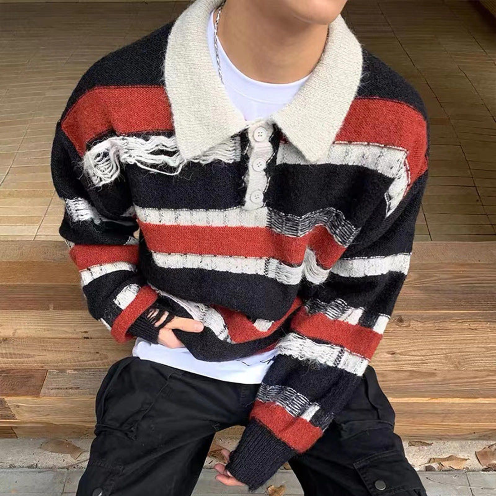 Vintage Striped Distressed Sweater Knit Pullover Size US M / EU 48-50 / 2 - 1 Thumbnail