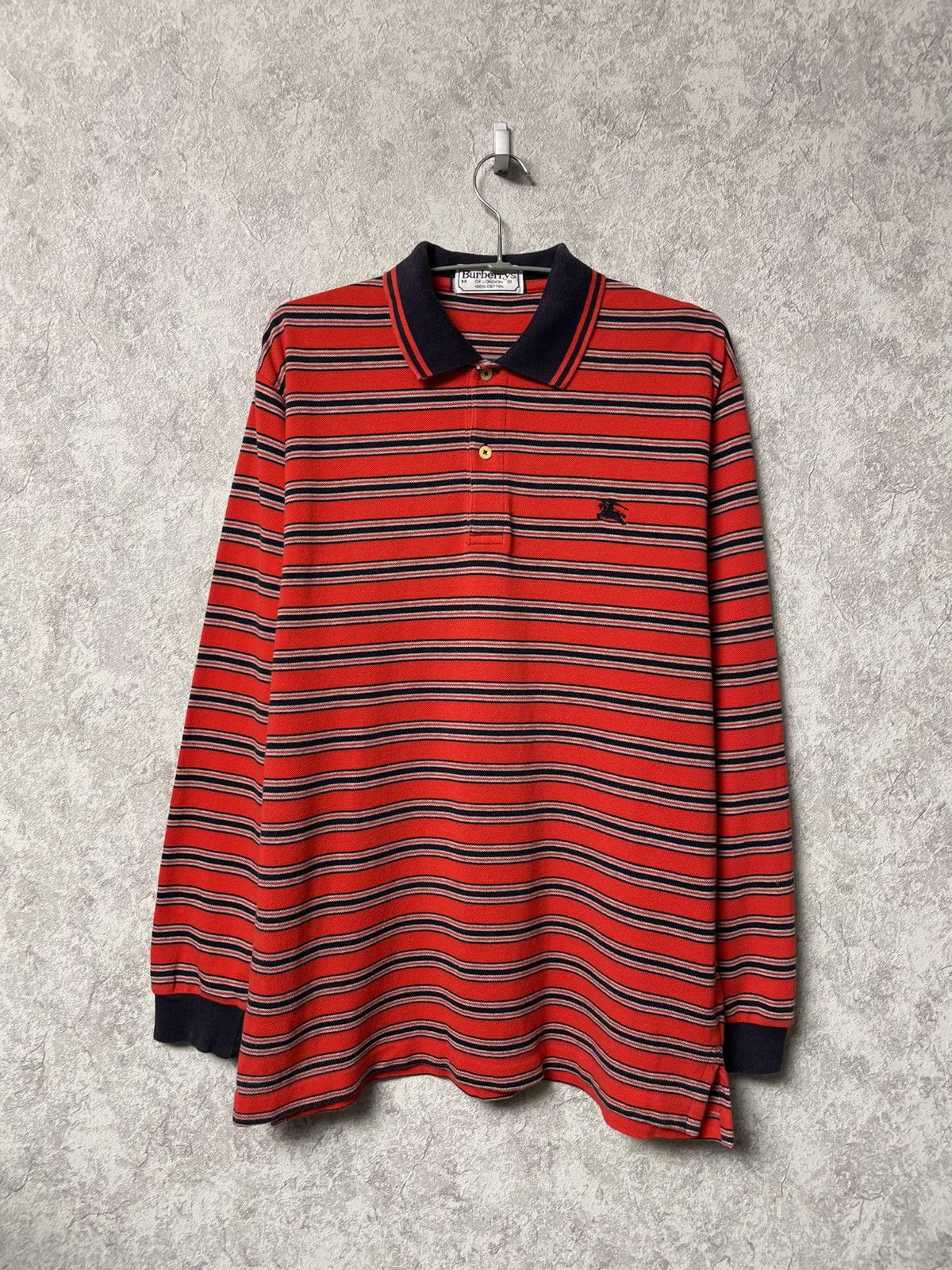 Vintage Burberrys Red Striped Long Sleeve Polo Shirt