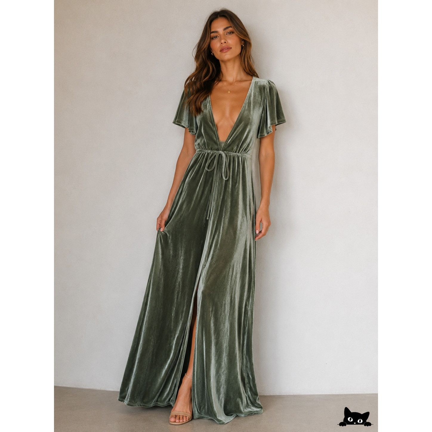 Other Baltic Born Sage Green Velour Flutter Sleeve Maxi Wrap Dress Size XS / US 0-2 / IT 36-38 - 2 Thumbnail