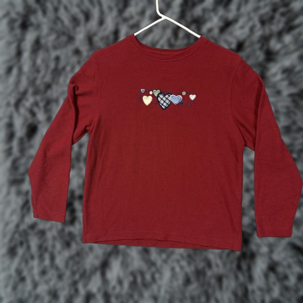 Vintage VINTAGE Christopher & Banks T-Shirt Womens S Red Heart Embroidered Valentine Crew Neck Long Sleeve Knit Top Size S / US 4 / IT 40 - 1 Thumbnail