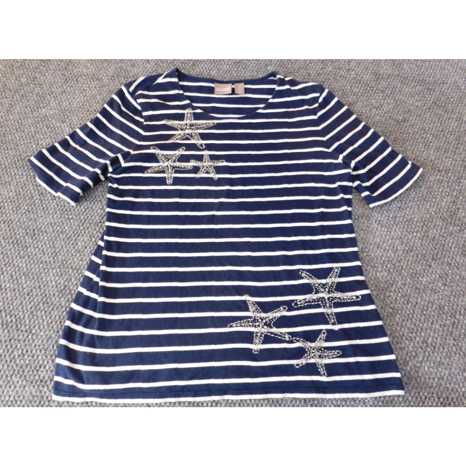 Vintage Chicos Shirt Women Blouse Short Sleeve Blue Striped Button Up Collared Stretch Cotton Classic Size XS / US 0-2 / IT 36-38 - 2 Thumbnail
