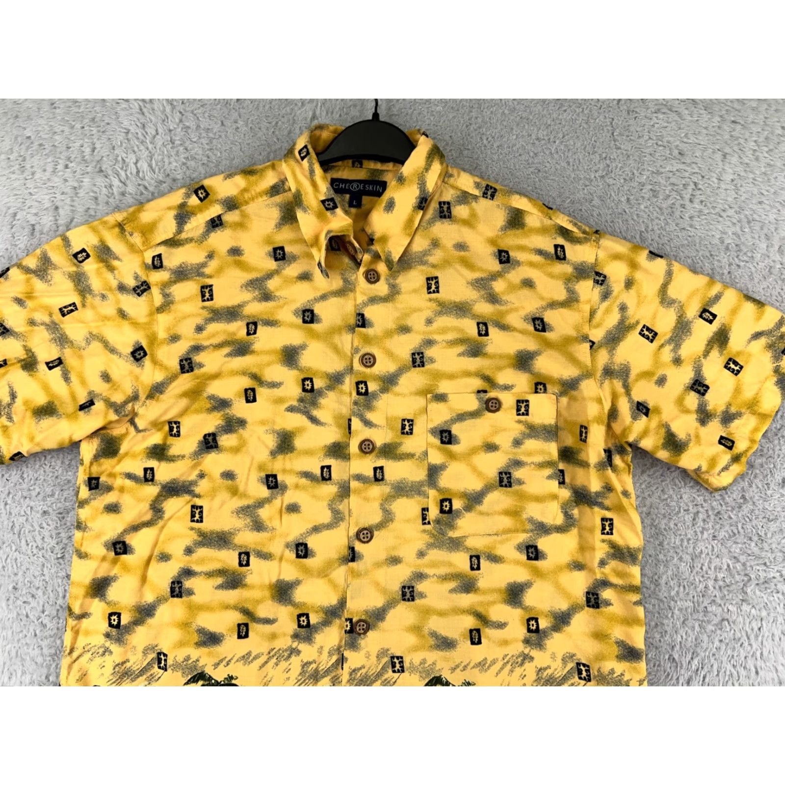 Vintage Chereskin Mens Leaf Yellow Button-Up Shirt Hawaii Aloha Beach Hawaiian Rayon Car Palm Floral Short Sleeve Regular Fit 40in Chest Men’s Shirt Size US L / EU 52-54 / 3 - 4 Thumbnail