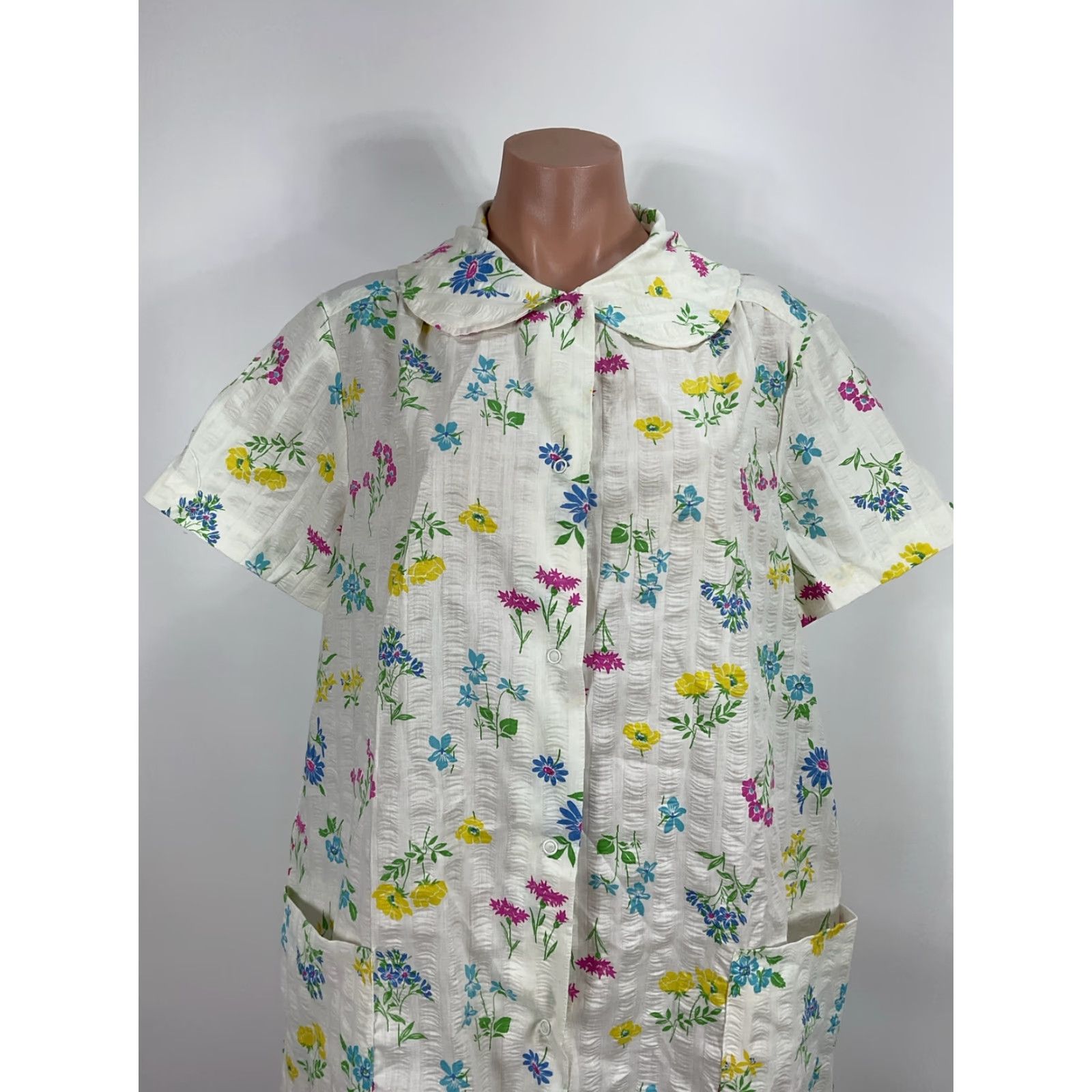VINTAGE 70s Evelyn Pearson White Floral House Coat Dress Caftan Go-Coat L White Womens