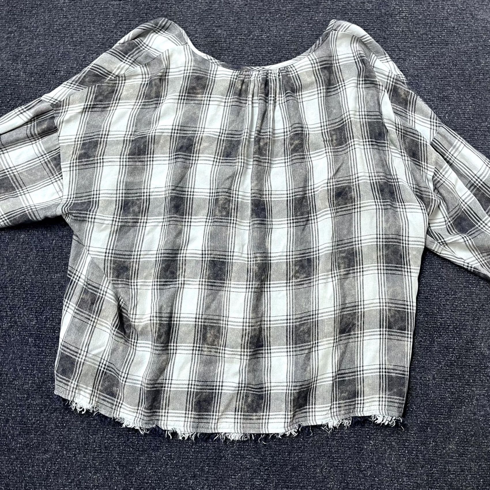 Vintage Cloth & Stone Shirt Womens M Gray Plaid Neck Tie Long Sleeve Frayed Hem Size M / US 6-8 / IT 42-44 - 3 Thumbnail