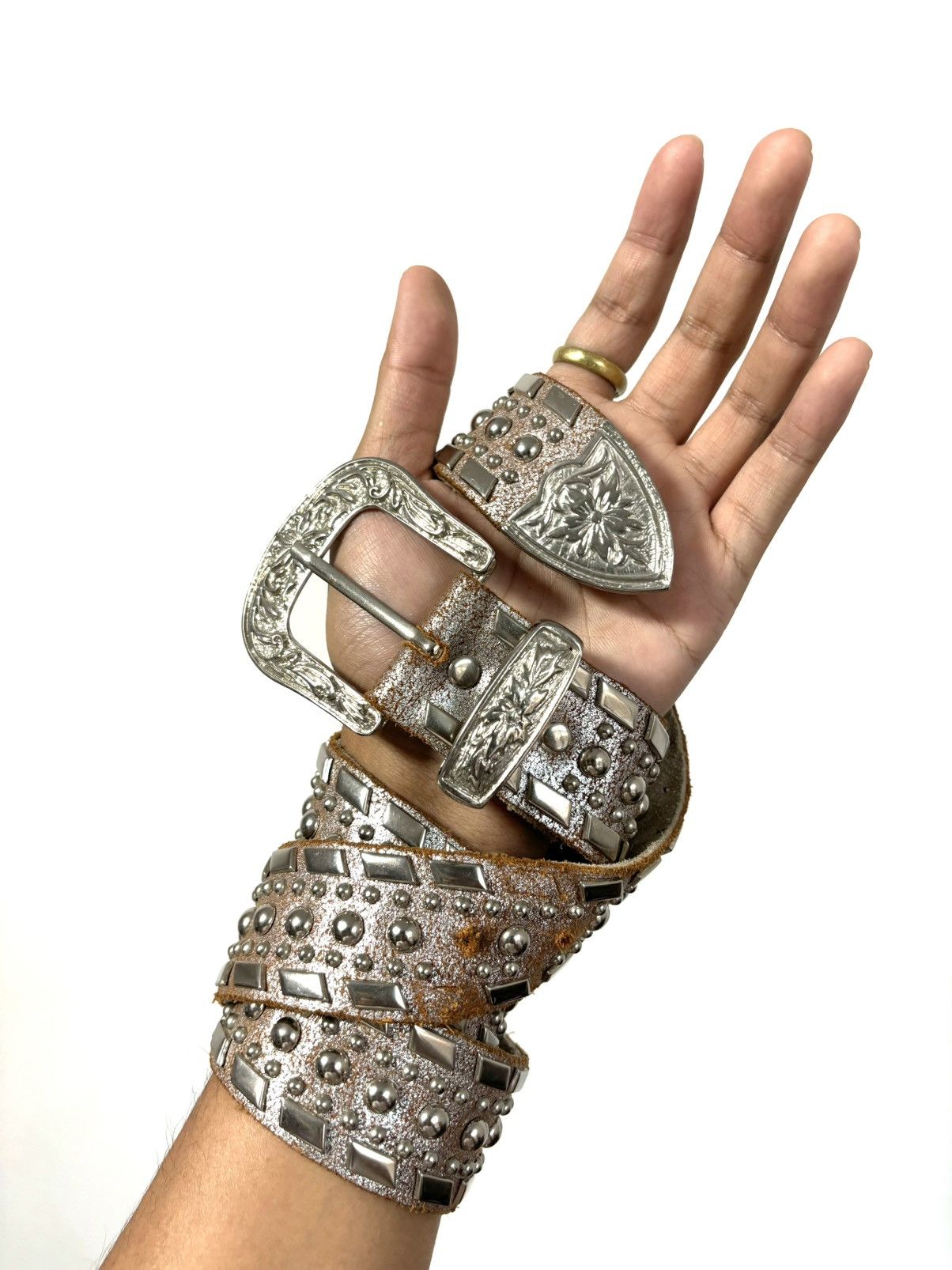 Leather Vintage Design Studded Belt (size 33-35) Size ONE SIZE - 3 Thumbnail