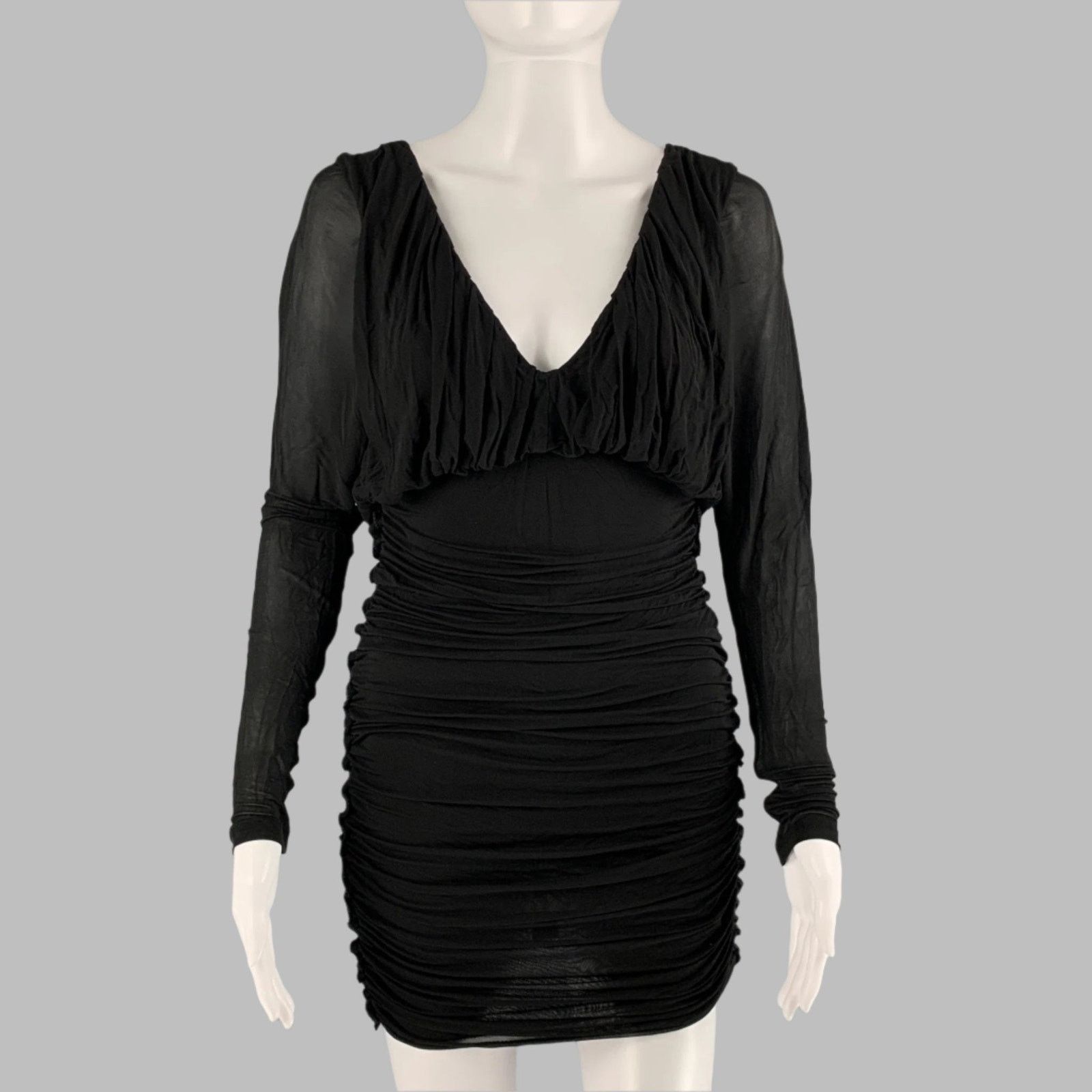 Saint Laurent Paris SAINT LAURENT Black Cupro Ruched Long Sleeve Cocktail Dress Size XS / US 0-2 / IT 36-38 - 1 Thumbnail