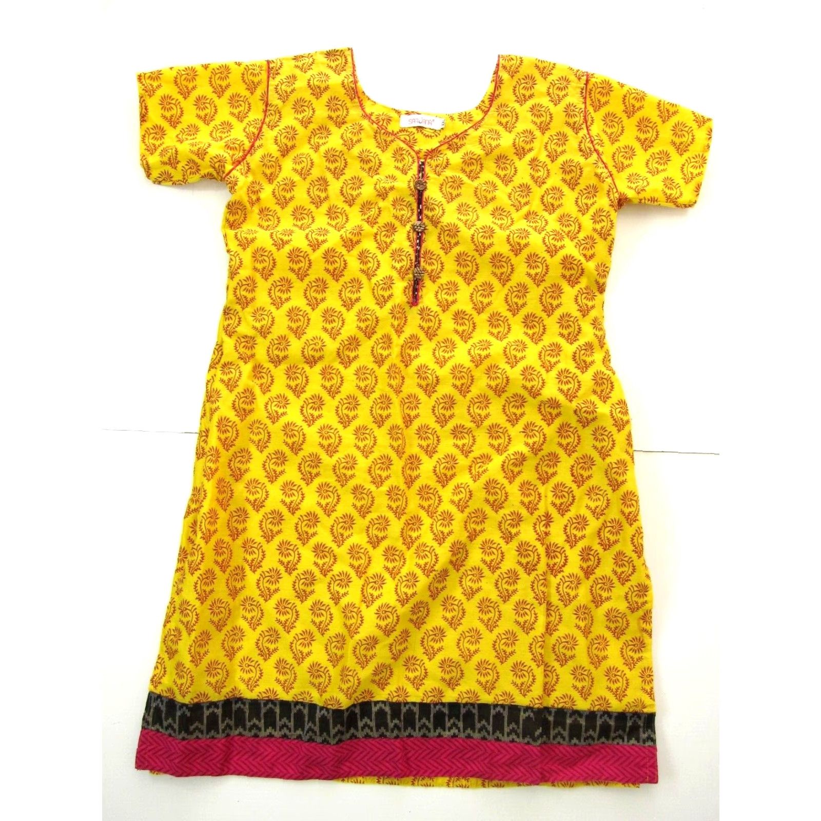 Pinko Sarjana Dress Women Short Sleeve Tunic Kurta Flower Floral Yellow Smock Midi A-Line Casual Formal S-M Womens Size 28" / US 6 / IT 42 - 2 Thumbnail