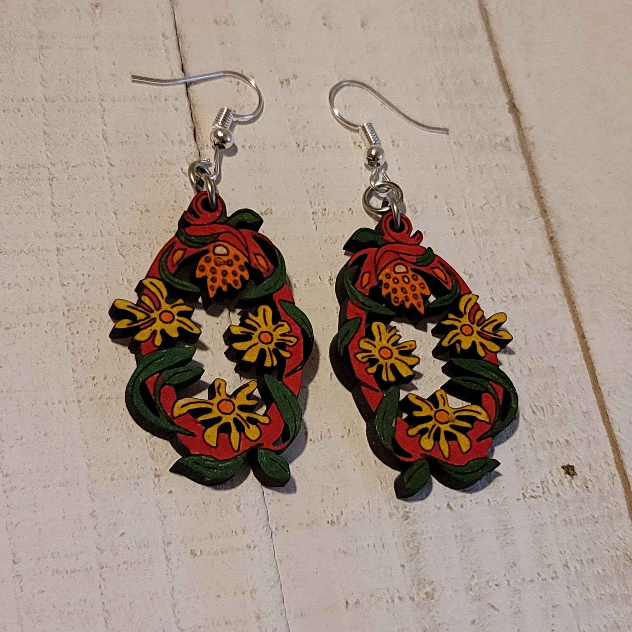 Handmade Laser Cut Hand Painted Flower Oval Dangle Earrings Size ONE SIZE - 2 Thumbnail