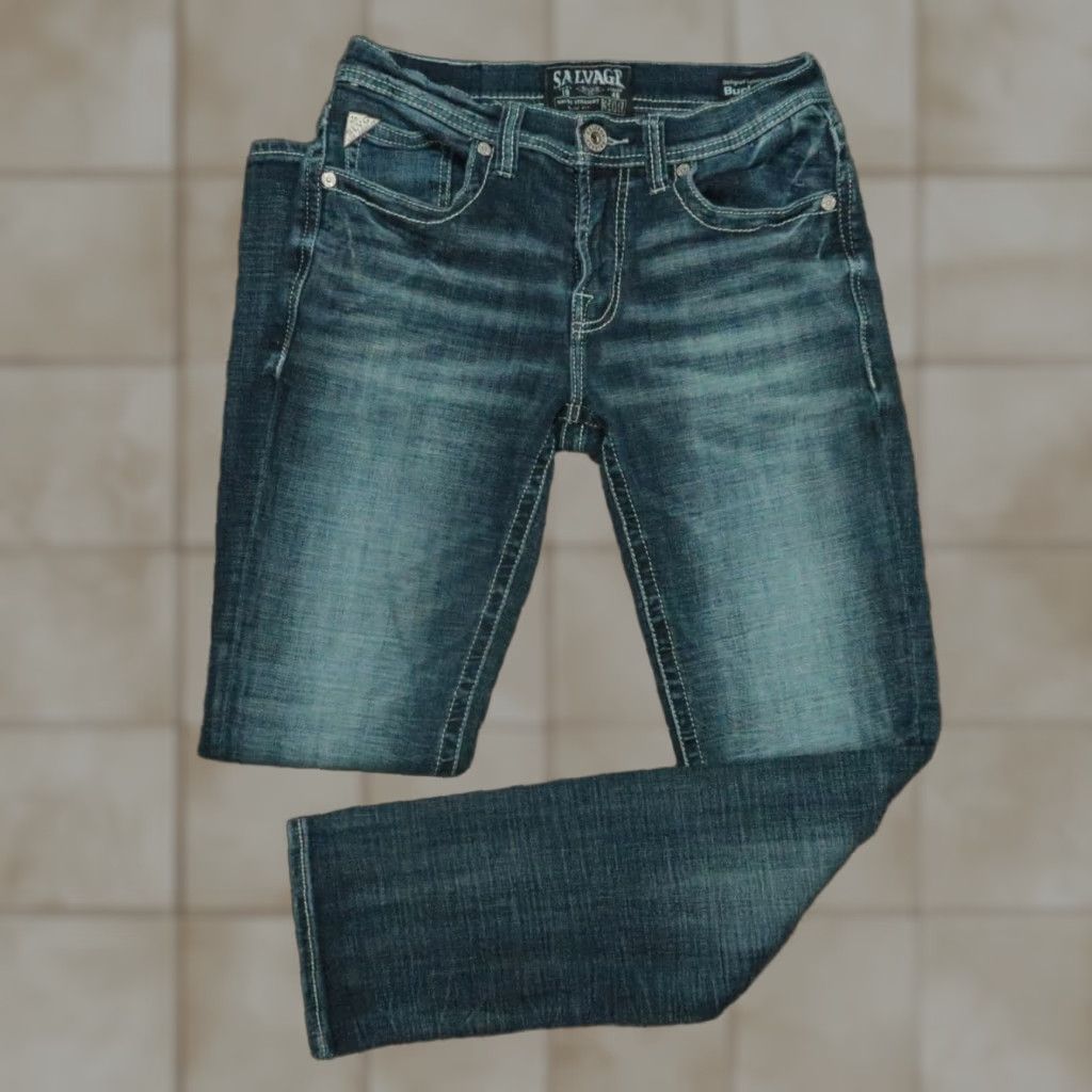 VINTAGE Salvage Jeans Mens 30x31 Blue Havoc Straight Slim 5 Pocket Buckle BKE Jeans (Salvage)