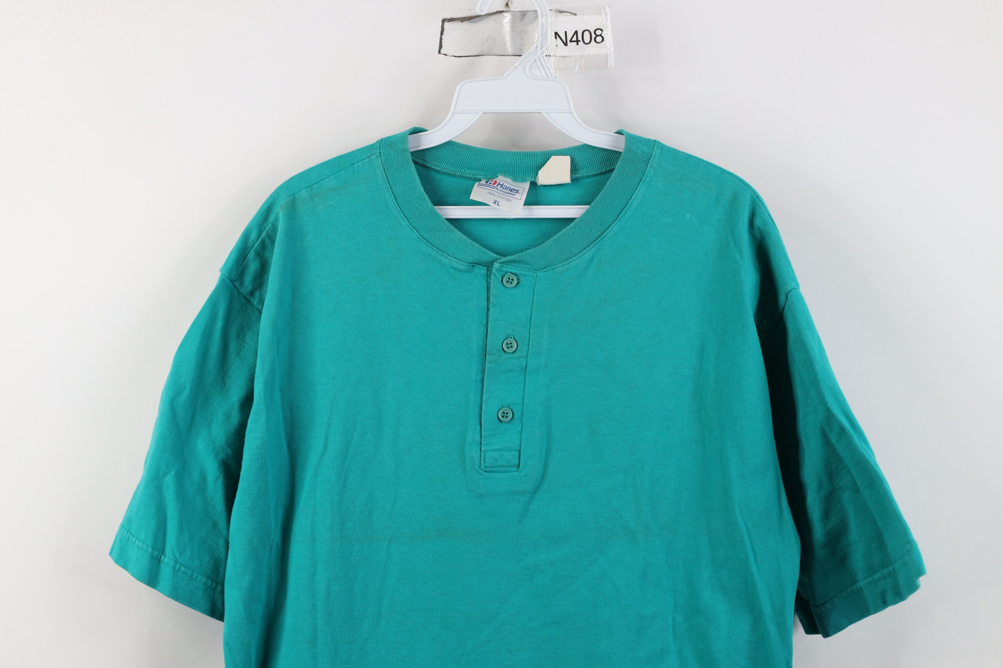 Hanes Vintage 90s Hanes Heavyweight Cotton Henley T-Shirt Teal Size US XL / EU 56 / 4 - 2 Thumbnail