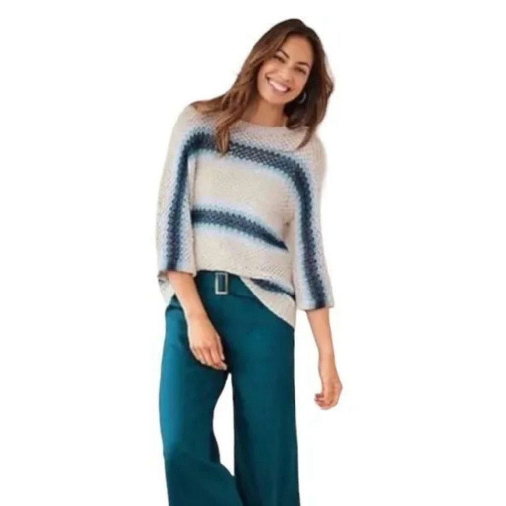 J. Jill Women's J. Jill Cream and Blue Striped Sweater Size L Size L / US 10 / IT 46 - 8 Thumbnail