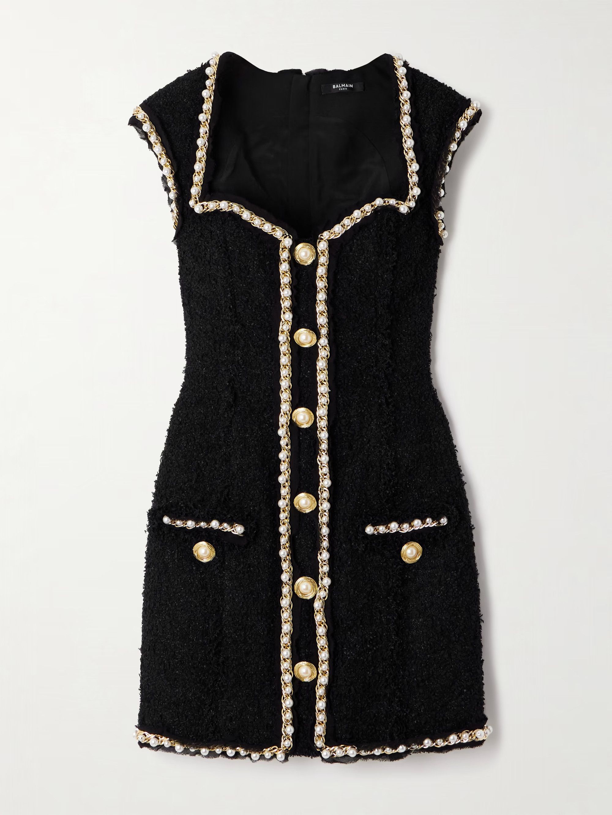 Balmain o1s1wg110526 Embellished Metallic Tweed Mini Dress in Black Size L / US 10 / IT 46 - 1 Thumbnail