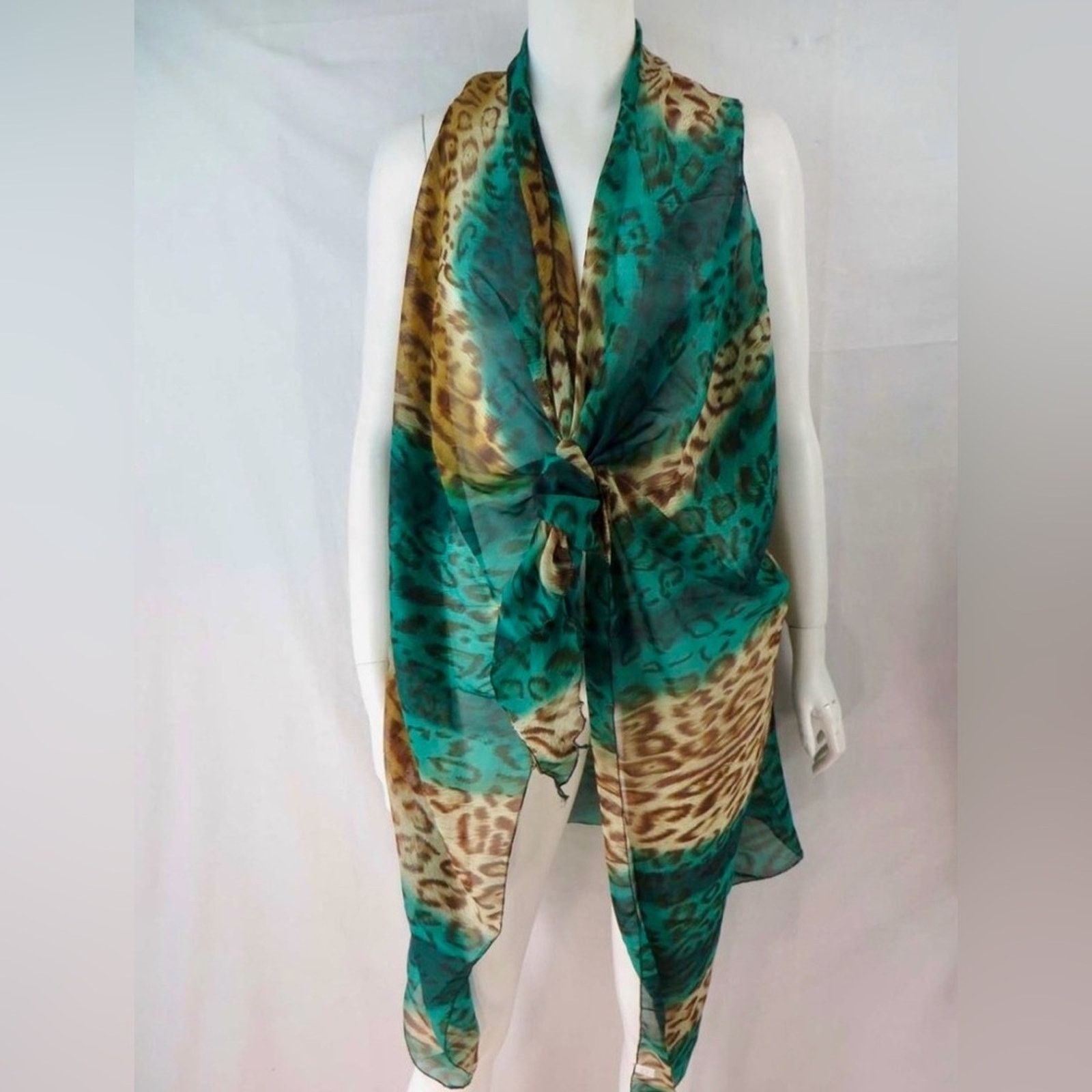 Other Chiffon kaftan tunic poncho beach coverup Leopard Teal Scarf Size ONE SIZE - 1 Thumbnail