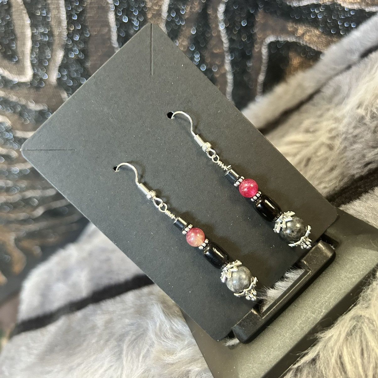 Handmade Handcrafted genuine larvikite elbaite cat eye glass earrings Size ONE SIZE - 1 Thumbnail