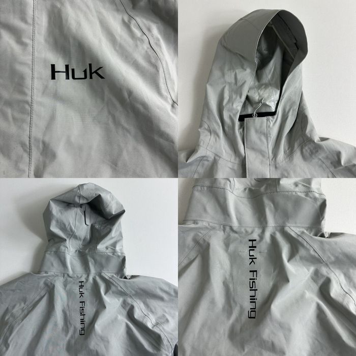 Vintage HUK FISHING Men Hooded Packable Rain Jacket Lightweight Gray Size M  Full Zip