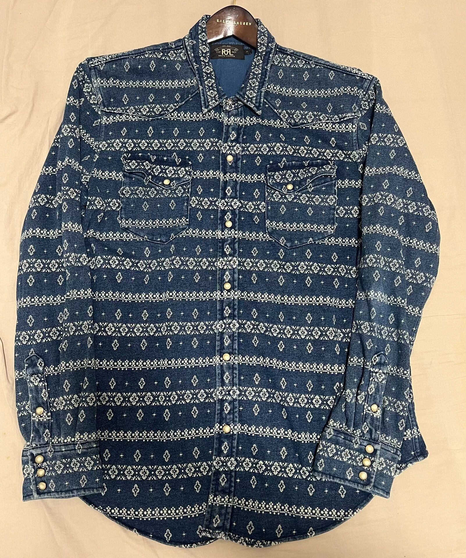 RRL Ralph Lauren RRL Western Ethnic Snowflake Indigo Shirt Size US XL / EU 56 / 4 - 1 Thumbnail