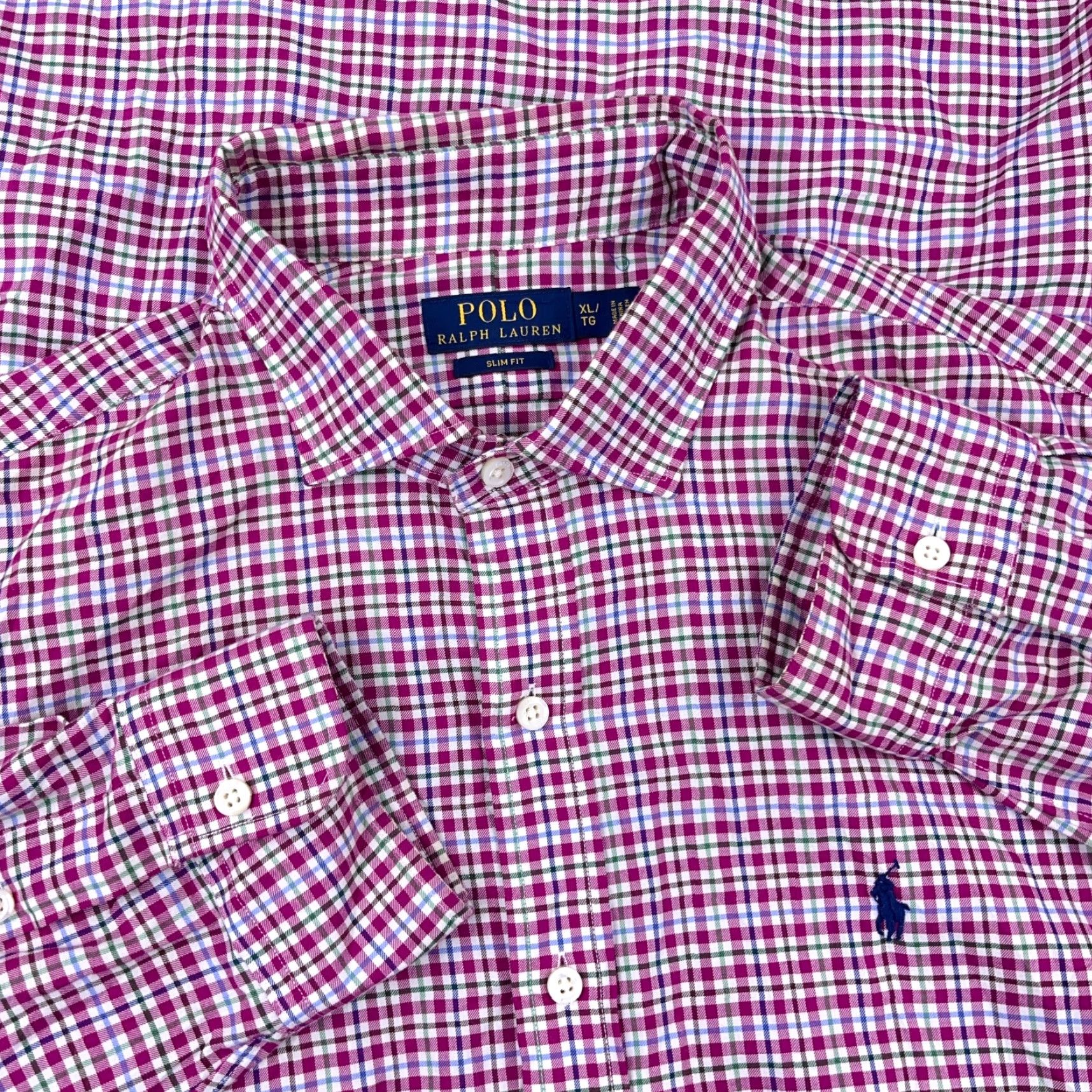 Polo Ralph Lauren VINTAGE Polo Ralph Lauren Shirt Men XL Pink Purple Button Up Slim Fit Windowpane Dress Size 46R - 2 Thumbnail