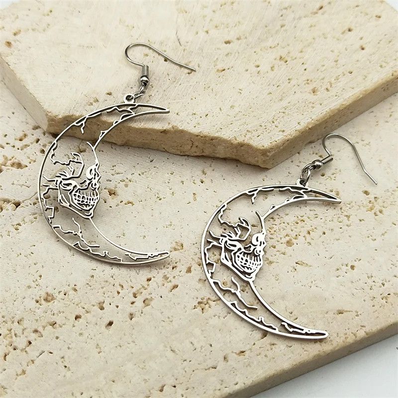 Jewelry Gothic Skull Crescent Moon Drop Earrings Jewelry Gift Size ONE SIZE - 4 Thumbnail