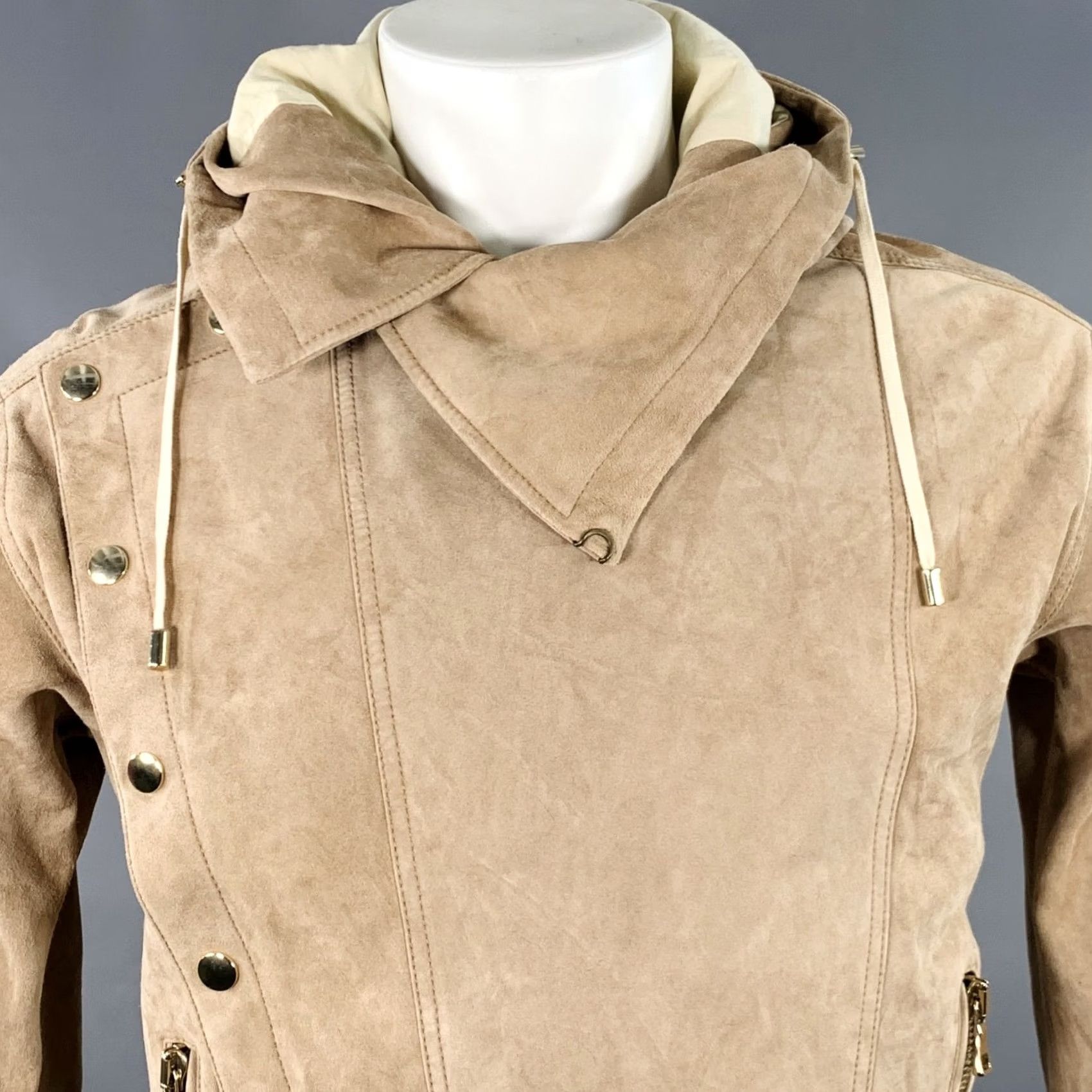 Balmain BALMAIN Suede Jacket Size S Beige Calfskin Hooded Asymmetrical Snaps SS16 Size US S / EU 44-46 / 1 - 3 Thumbnail
