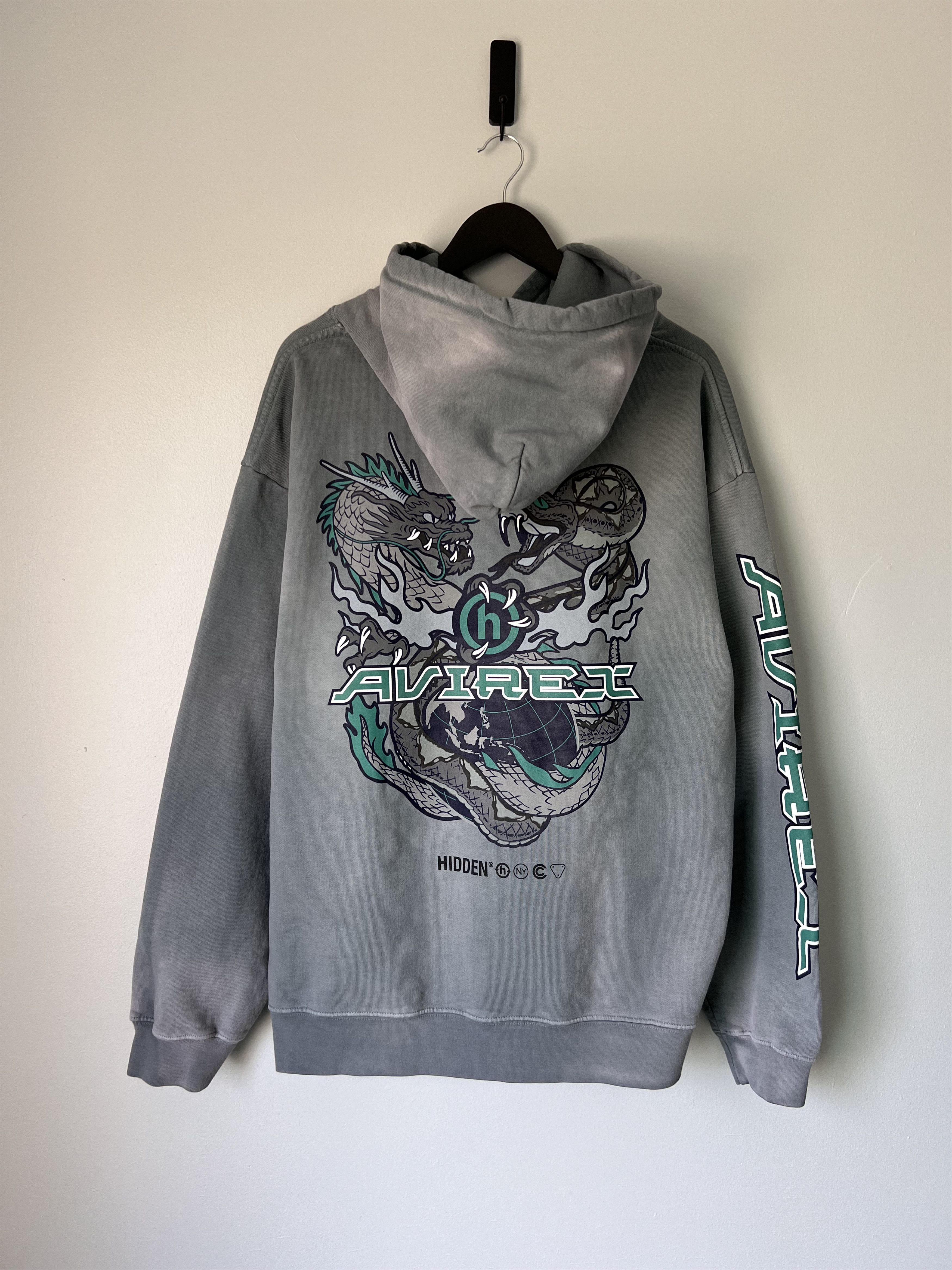 image of Avirex Hidden Ny Worldwide Hoodie In Washed Graphite in Grey, Men's (Size XL)