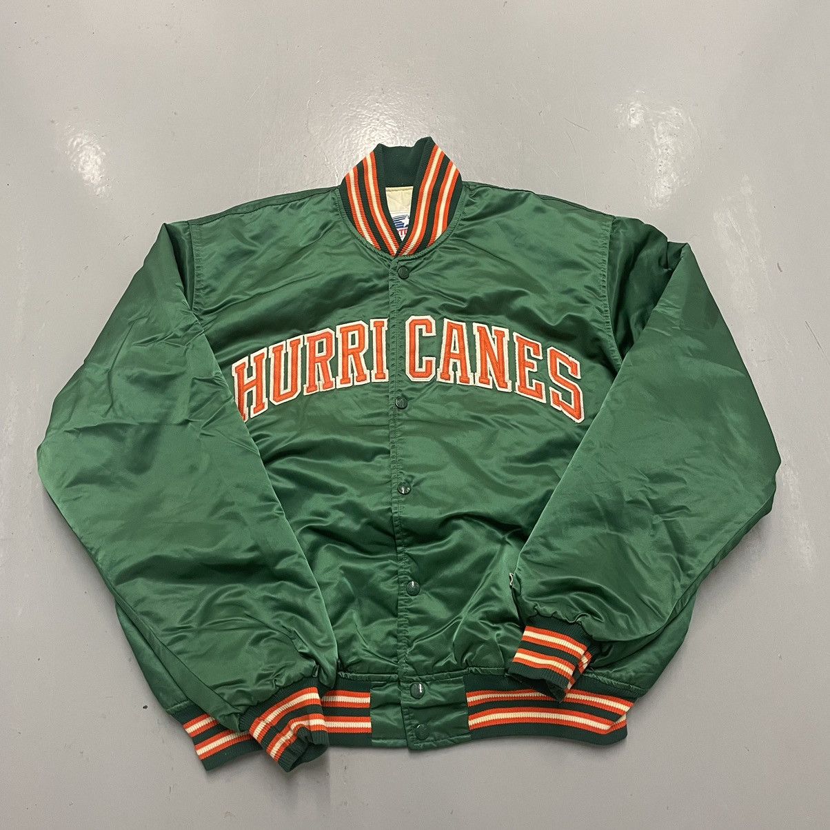 image of Crazy Vintage 80's NCAA Miami Hurricane’S Satin Jacket in Green, Men's (Size XL)