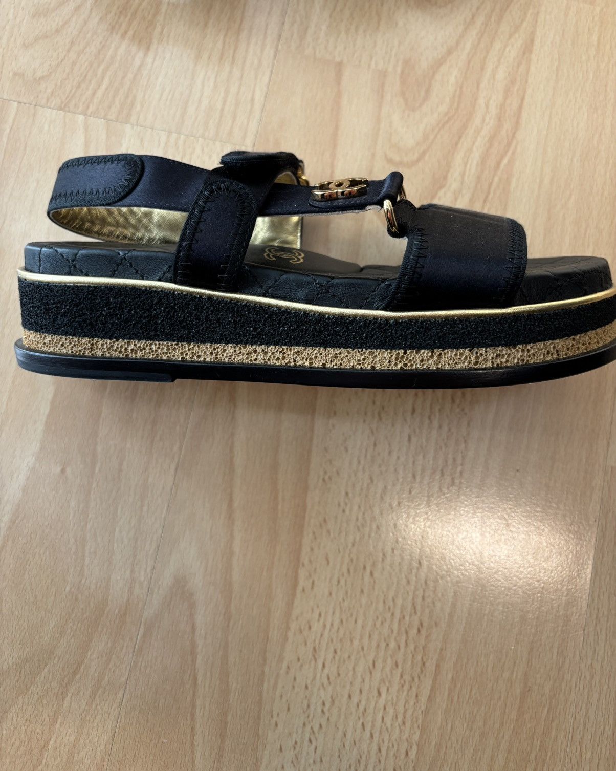 Chanel Chanel Black Satin CC Velcro Strap Flat Sandals Size US 5 / IT 35 - 3 Thumbnail