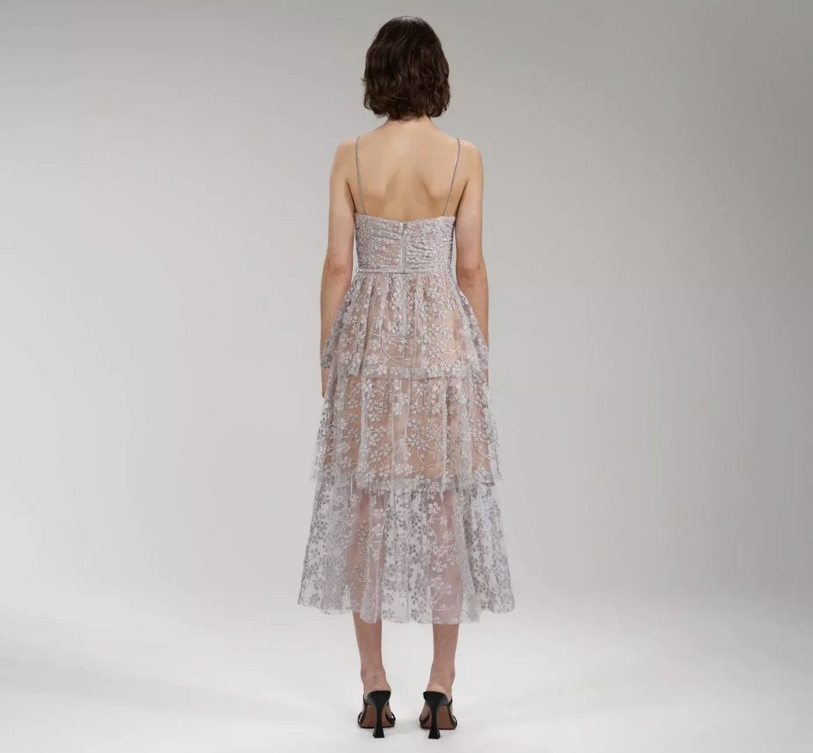 Self-Portrait Self-Portrait Embroided Blossom Midi Dress Silver Grey Size M / US 6-8 / IT 42-44 - 2 Thumbnail