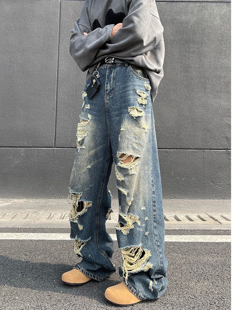 Japanese Brand Men's high street washed loose straight casual ripped jeans Size US 32 / EU 48 - 2 Thumbnail
