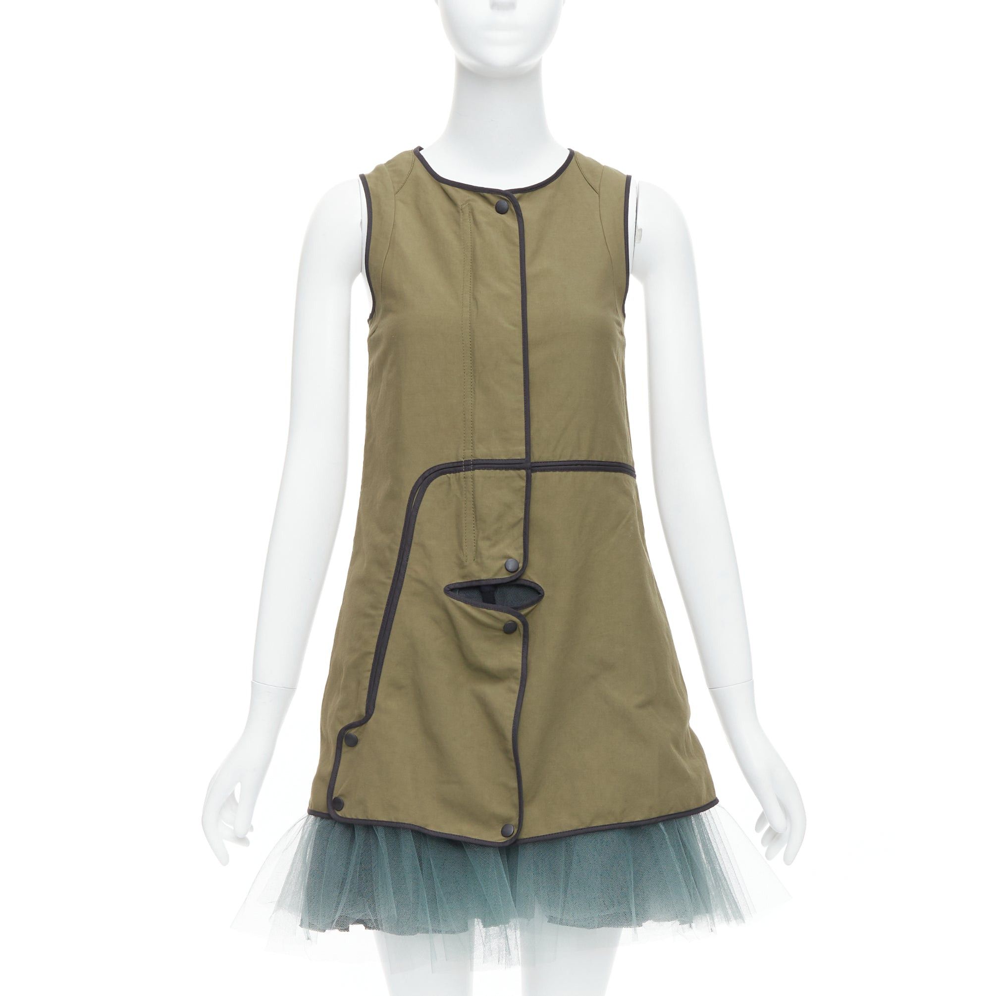 Marni MARNI 2011 khaki utility cutout vest green tulle hem mini dress IT36 XXS Size XS / US 0-2 / IT 36-38 - 1 Thumbnail