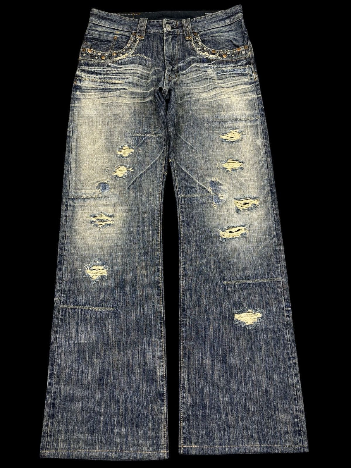 Japanese Brand 💥Insane Patchwork Style💥Bartack Distressed Denim K24 Size US 31 - 1 Thumbnail