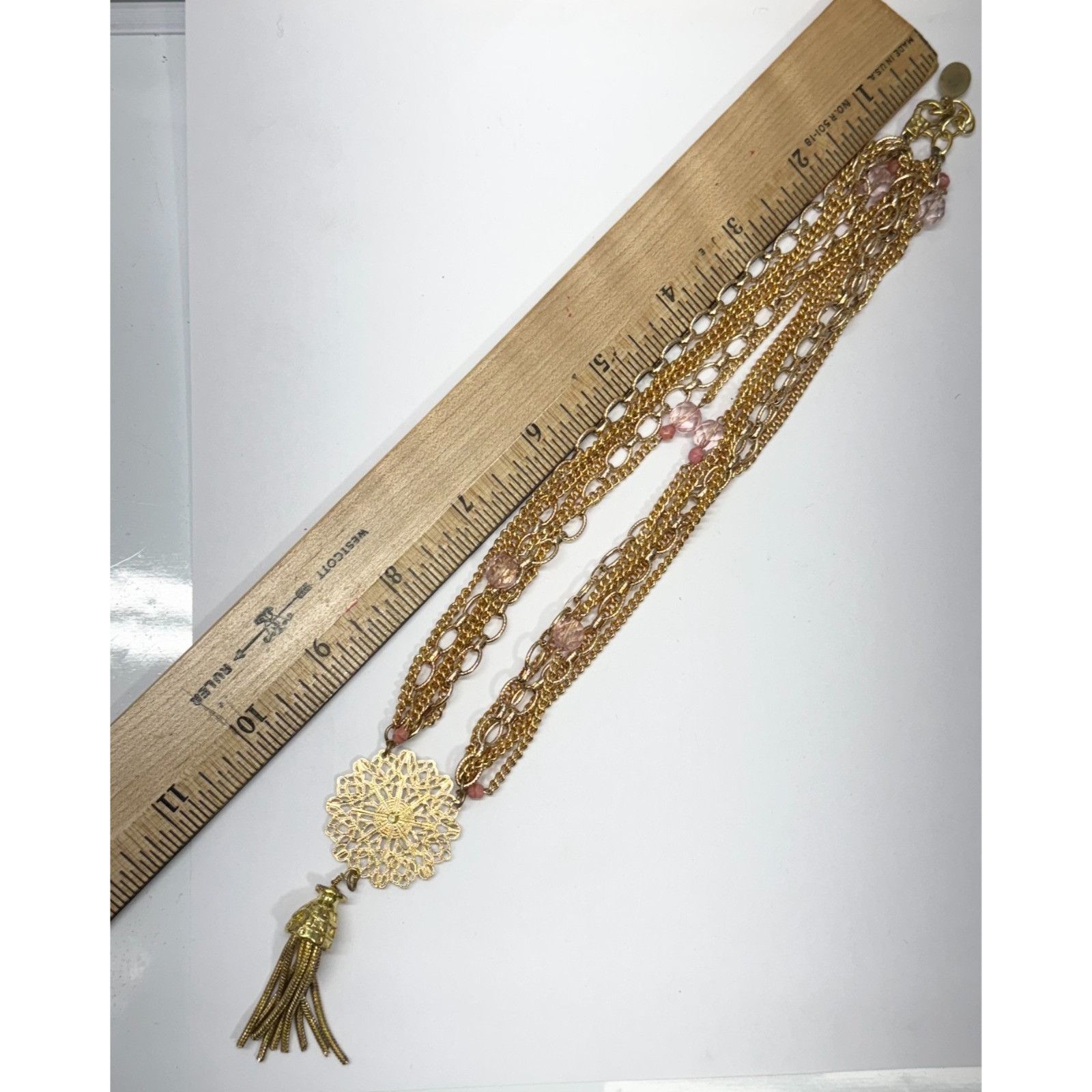 Vintage Vintage pink multi chain pink crystal filigree tassel neckla Size ONE SIZE - 6 Thumbnail