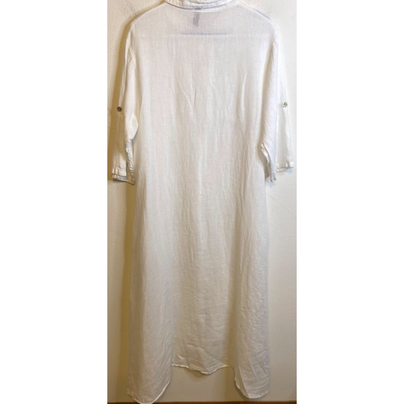 VENTI6 Shirt Dress White Linen Button Front Midi Dress 3/4 Sleeve Collared  Oversized Pockets Midi
