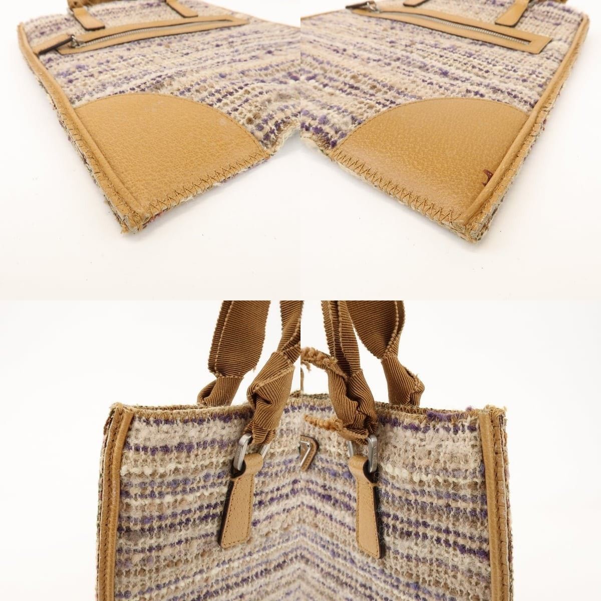 Prada Prada Triangle Logo Tweed Leather Tote Tan Size ONE SIZE - 5 Thumbnail