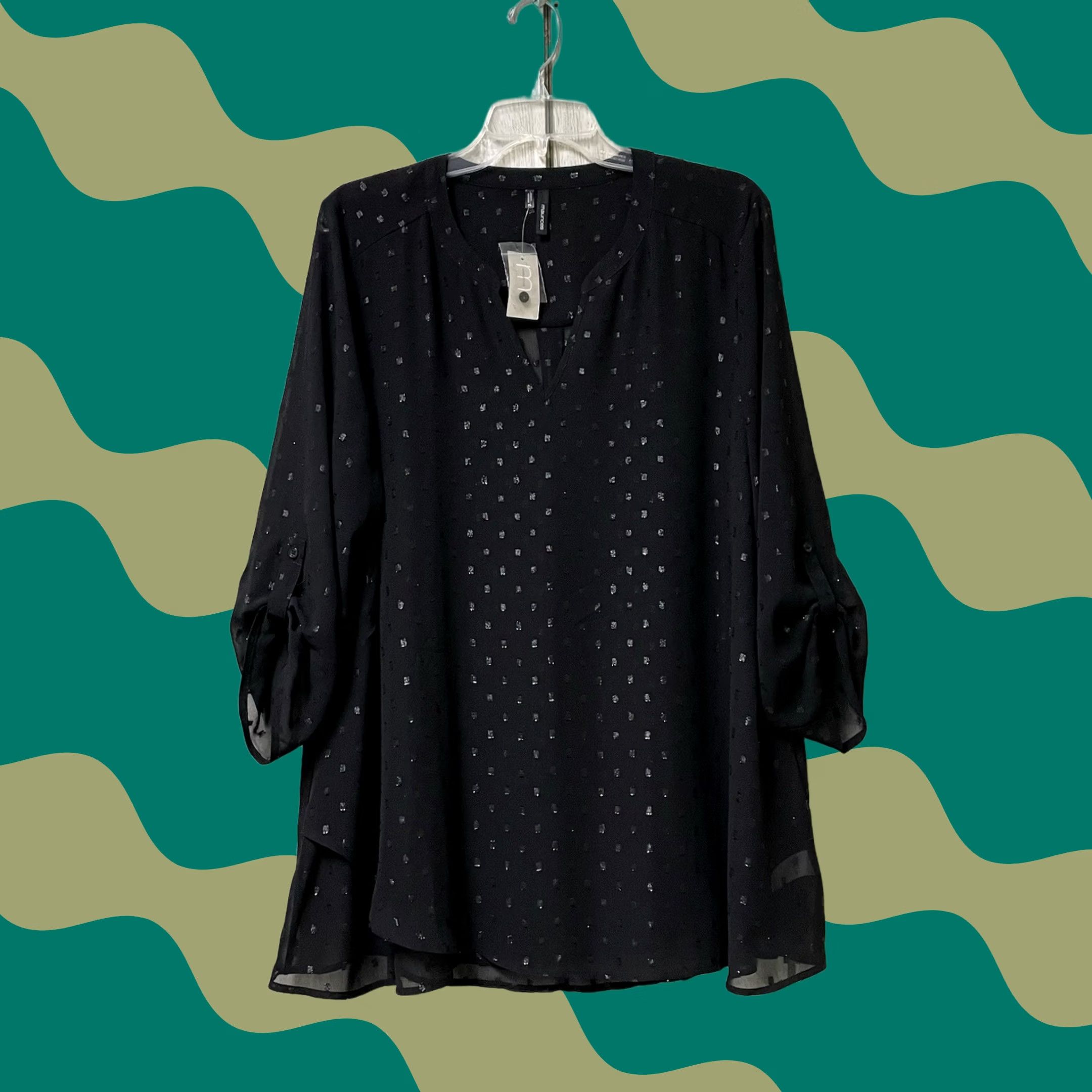 Vintage Maurices Blouse Shirt Georgette Shimmering Dots V-Neck Long Sleeve Top XL Black Women Tunic Regular Georgette Sheer Yokes Back Buttoned Tab Sleeves Size XL / US 12-14 / IT 48-50 - 1 Thumbnail