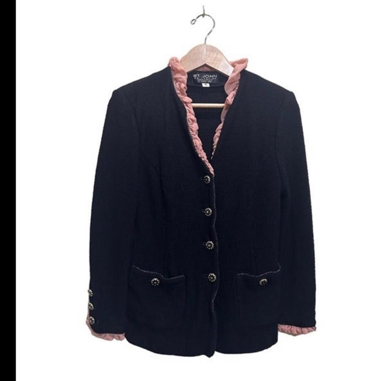 St. John St John Chic Black Jacket with Ruffled Pink Skirt Suit Size M / US 6-8 / IT 42-44 - 1 Thumbnail