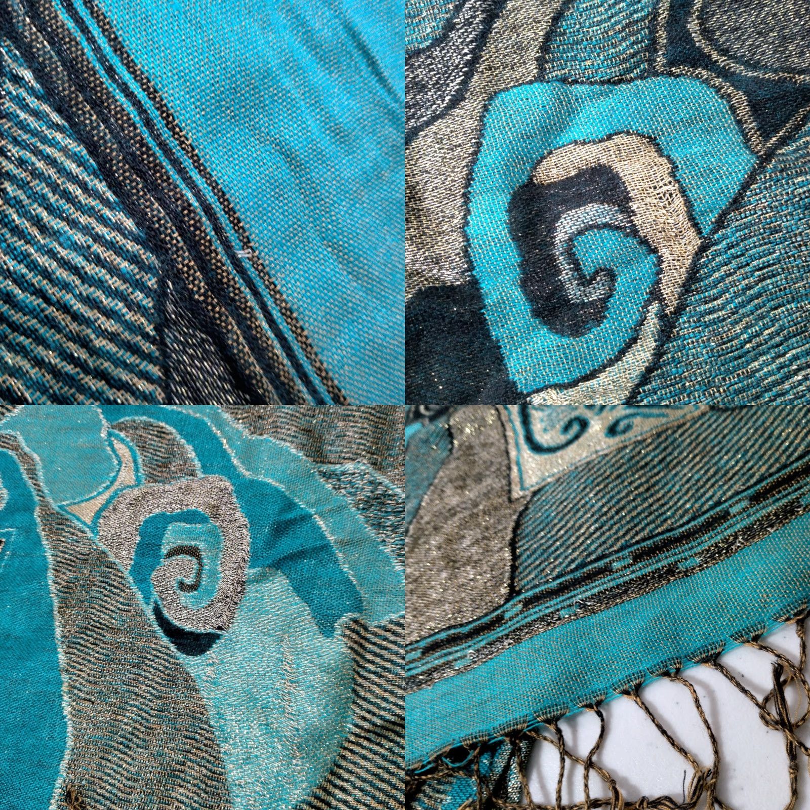 Vintage **Artsy Turquoise Blue Cashmere Scarf Woven Metallic Design Fringe** User: Artisan Turquoise Blue Cashmere Scarf Woven Metallic Design Fringe Size ONE SIZE - 9 Thumbnail