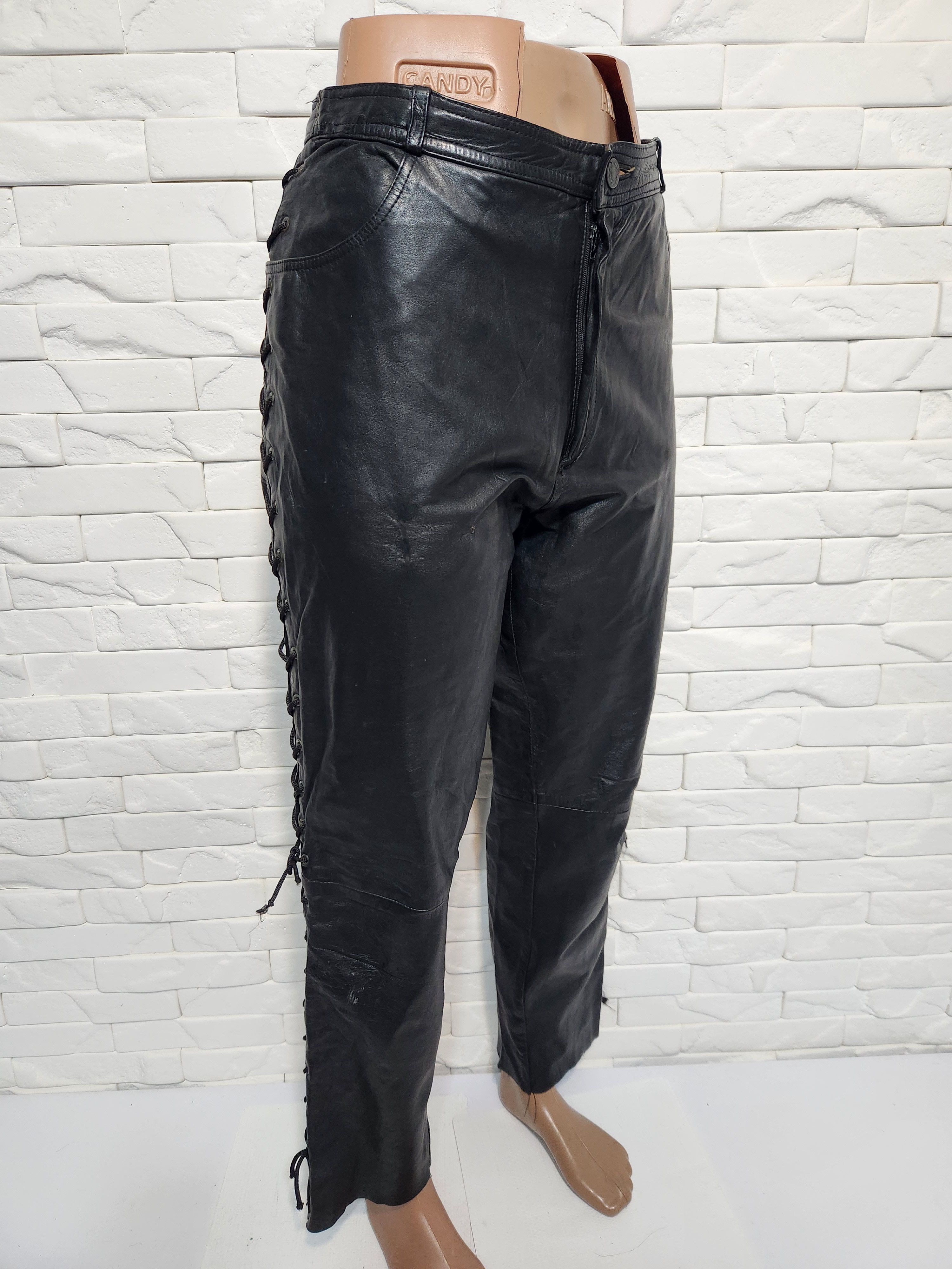 Genuine Leather Black Leather Pants Decorative Lacing. Size US 33 - 2 Thumbnail