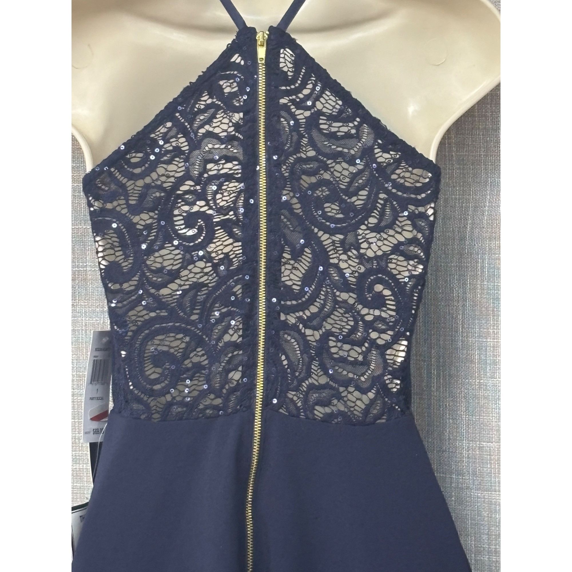 Other Sequin Hearts Juniors' Sequined Lace-Back Scuba Dress, Navy, Size ONE SIZE - 4 Thumbnail