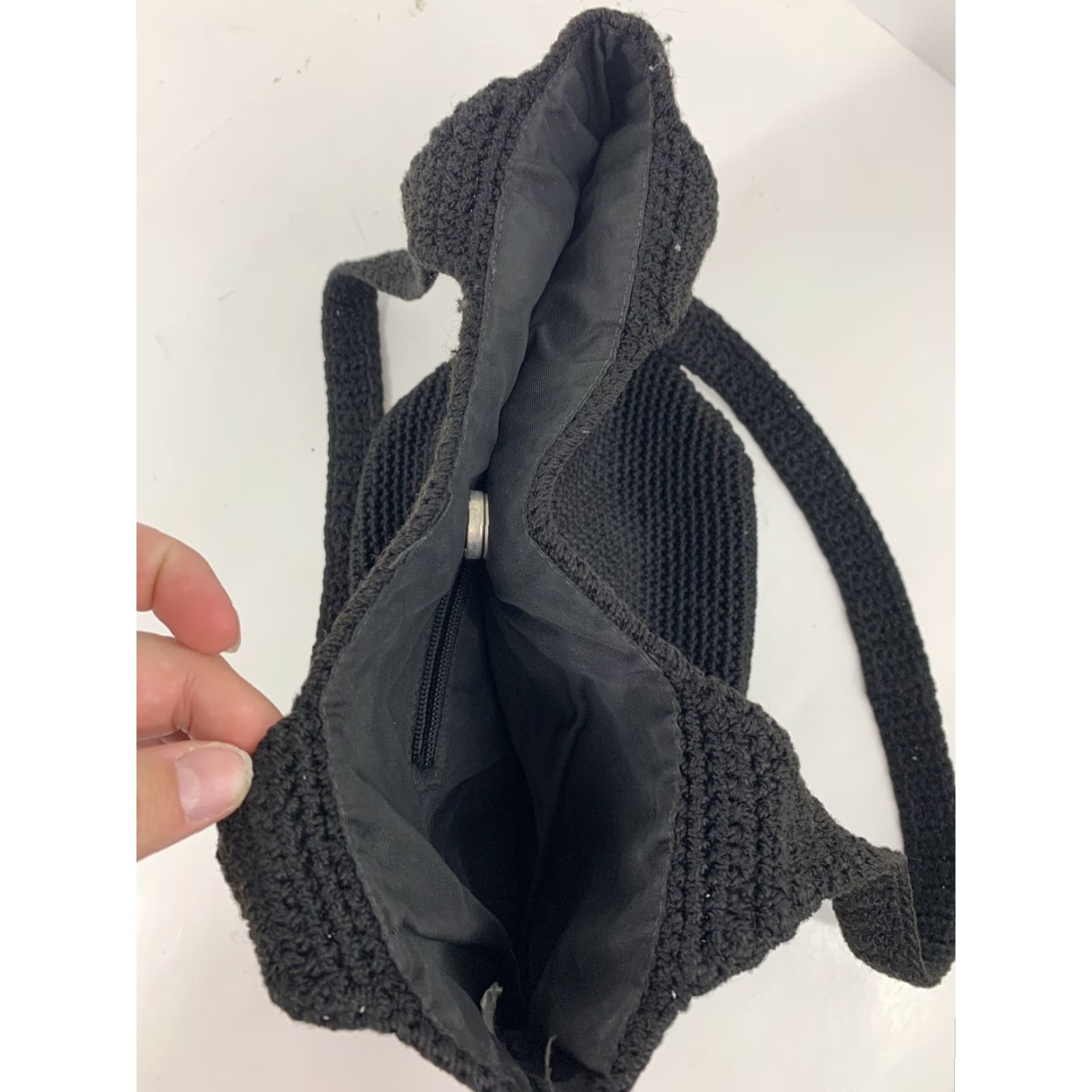 The Sak The Sak Crochet Woven Bucket Bag Purse Black Fabric Hobo Shoulder Bag, 13x9, Bohemian Hippie Handbag Womens Medium Size ONE SIZE - 7 Thumbnail