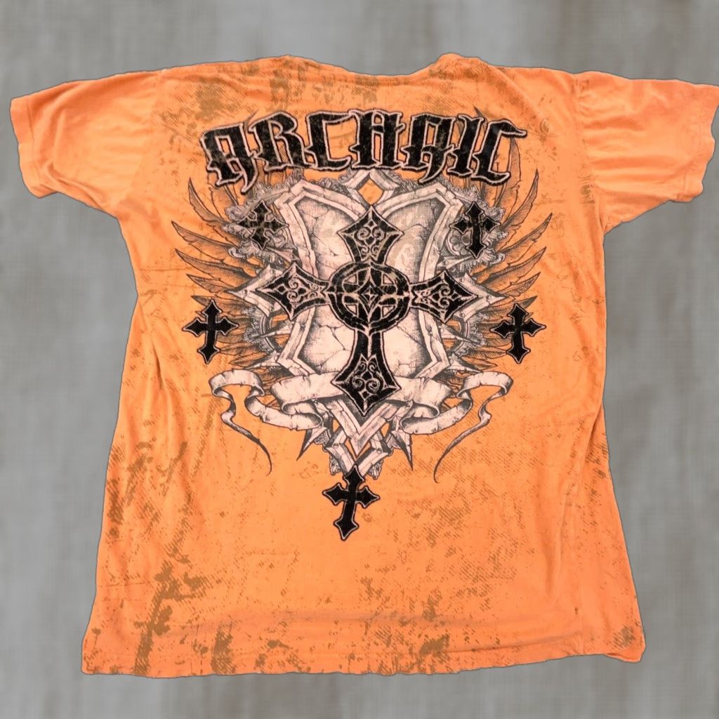 Spell Archaic T-Shirt Men 3XL Orange Tee Cross Spell Out MMA Fighter Cyber Punk Graphic Print USA 90s Grunge Gothic Motorcycle Retro Shirt Mens Size US XXL / EU 58 / 5 - 1 Thumbnail