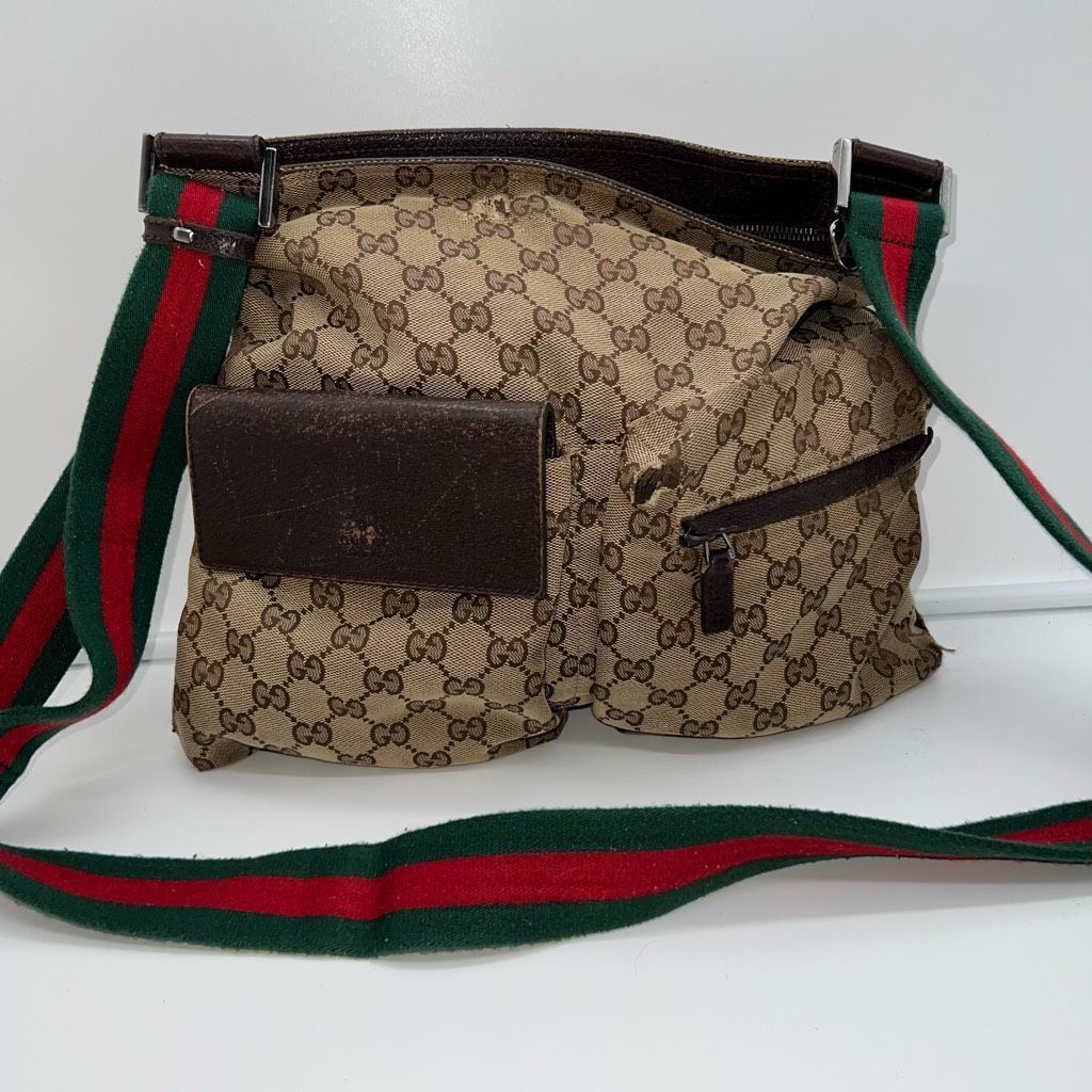 image of Gucci Beige GG Canvas Medium Web Double Pocket Messenger Bag in Tan, Women's