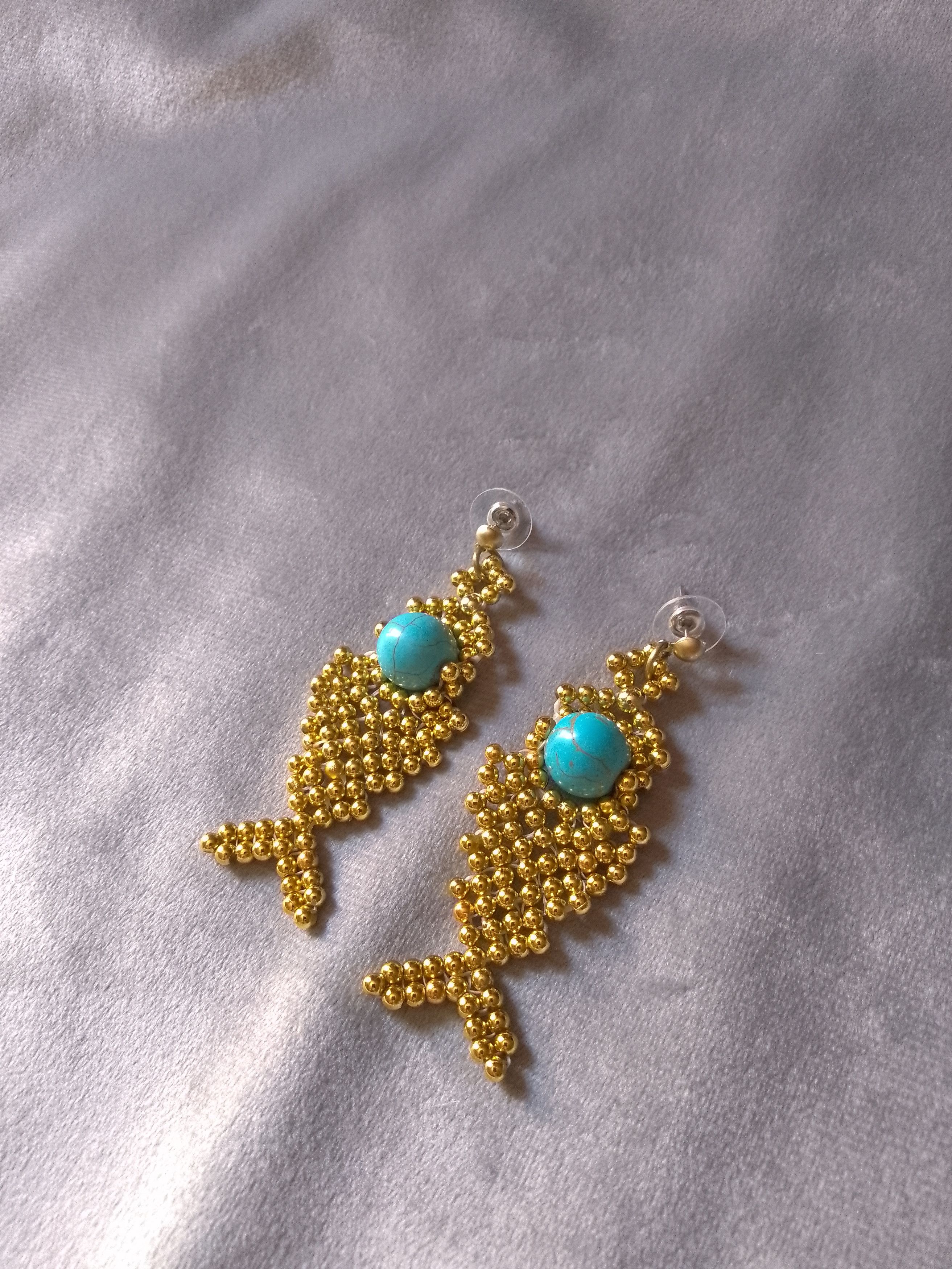 Handmade Golden Fishbone earrings natural turquoise gemstones Size ONE SIZE - 2 Thumbnail