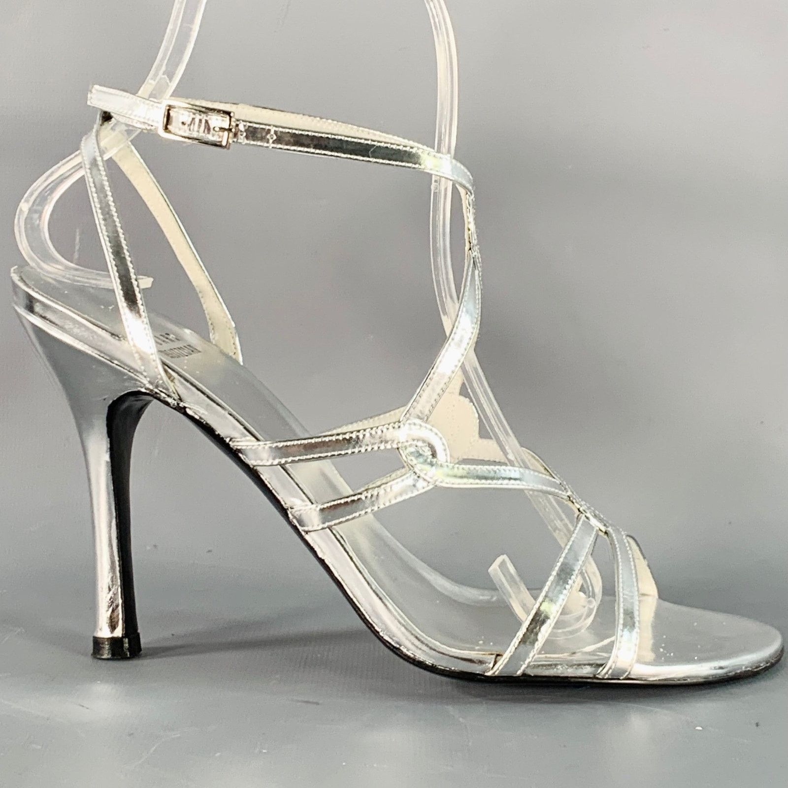Stuart Weitzman Metallic Silver Patent Leather Strappy Ankle Strap Sandals Size US 6 / IT 36 - 2 Thumbnail