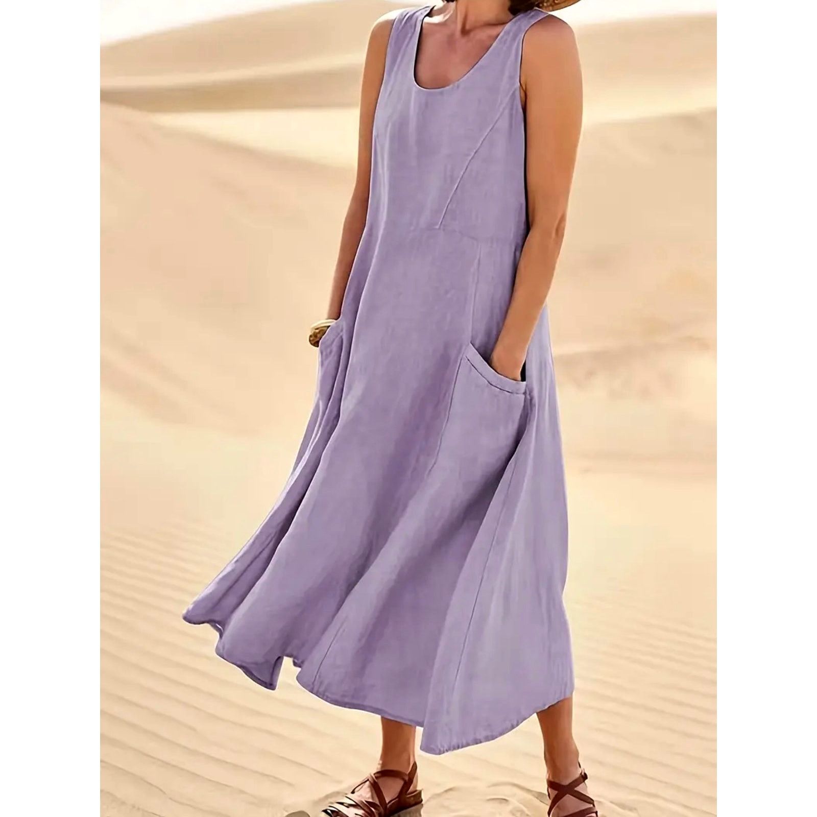 Other Sleeveless 100% Cotton Midi Dress Pockets Violet size 8/10 Size L / US 10 / IT 46 - 4 Thumbnail