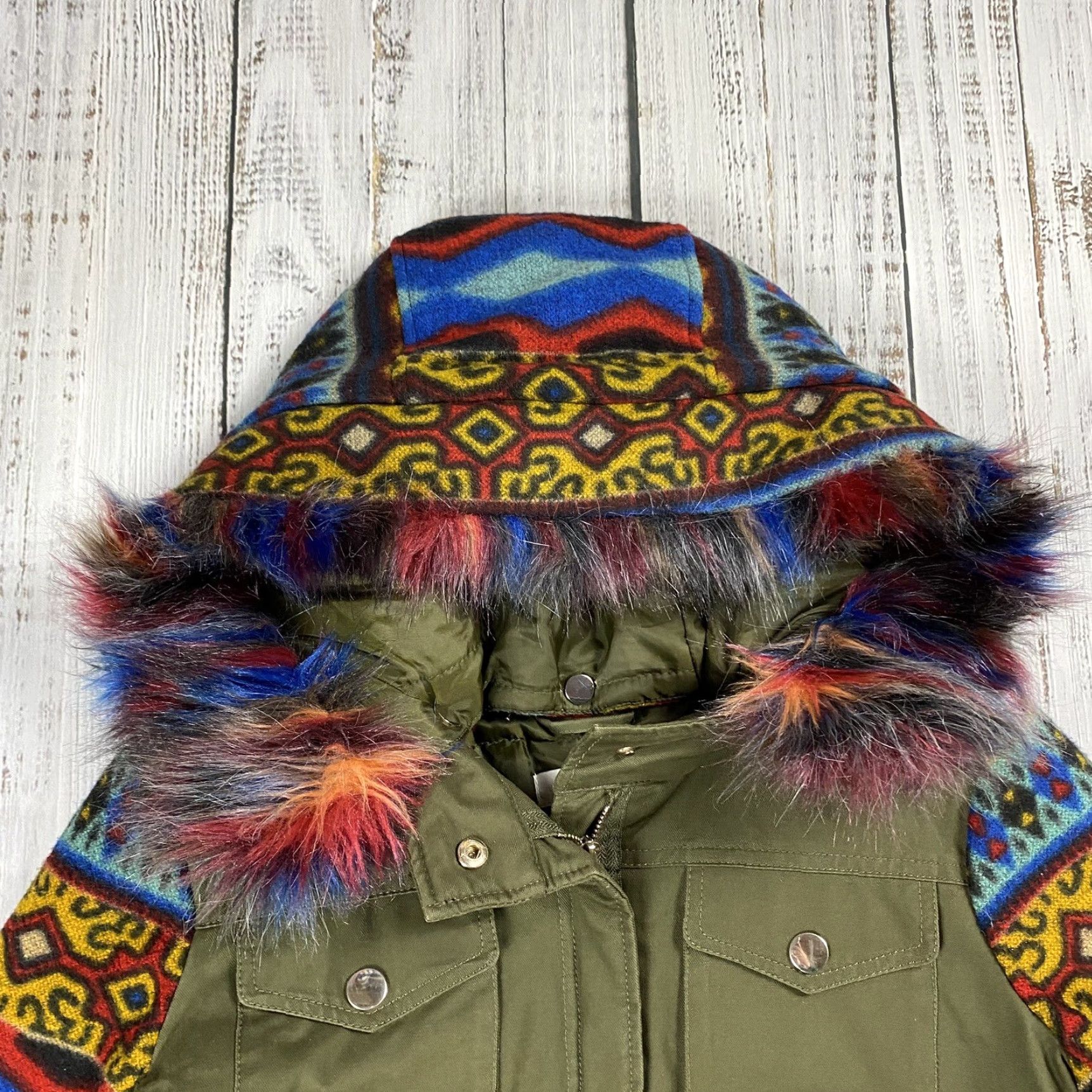 Vintage NEW YORK & CO WOMENS XS INSULATED HOODED PUFFER JACKET AZTEC WOOL ARMS FAUX FUR Size XS / US 0-2 / IT 36-38 - 2 Thumbnail