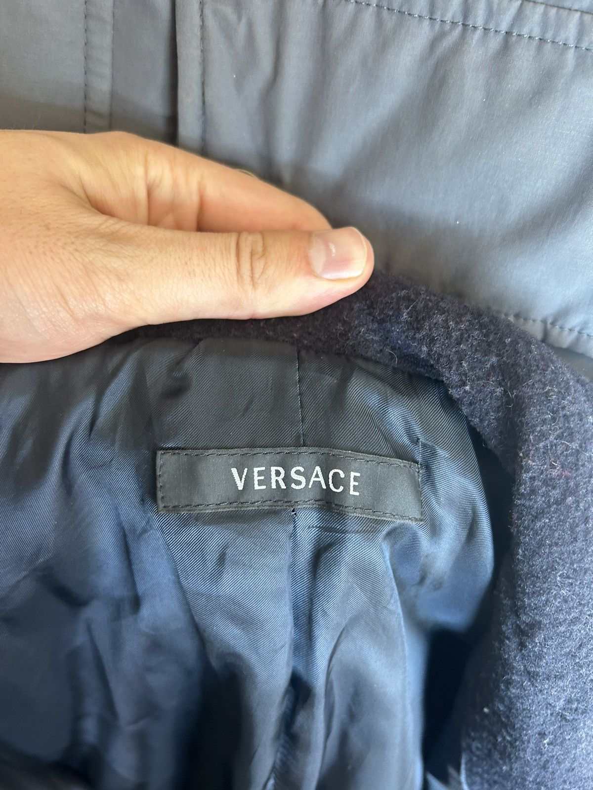 Versace Navy Wool Double-Breasted Peacoat with Cowl Hood Size US L / EU 52-54 / 3 - 6 Thumbnail