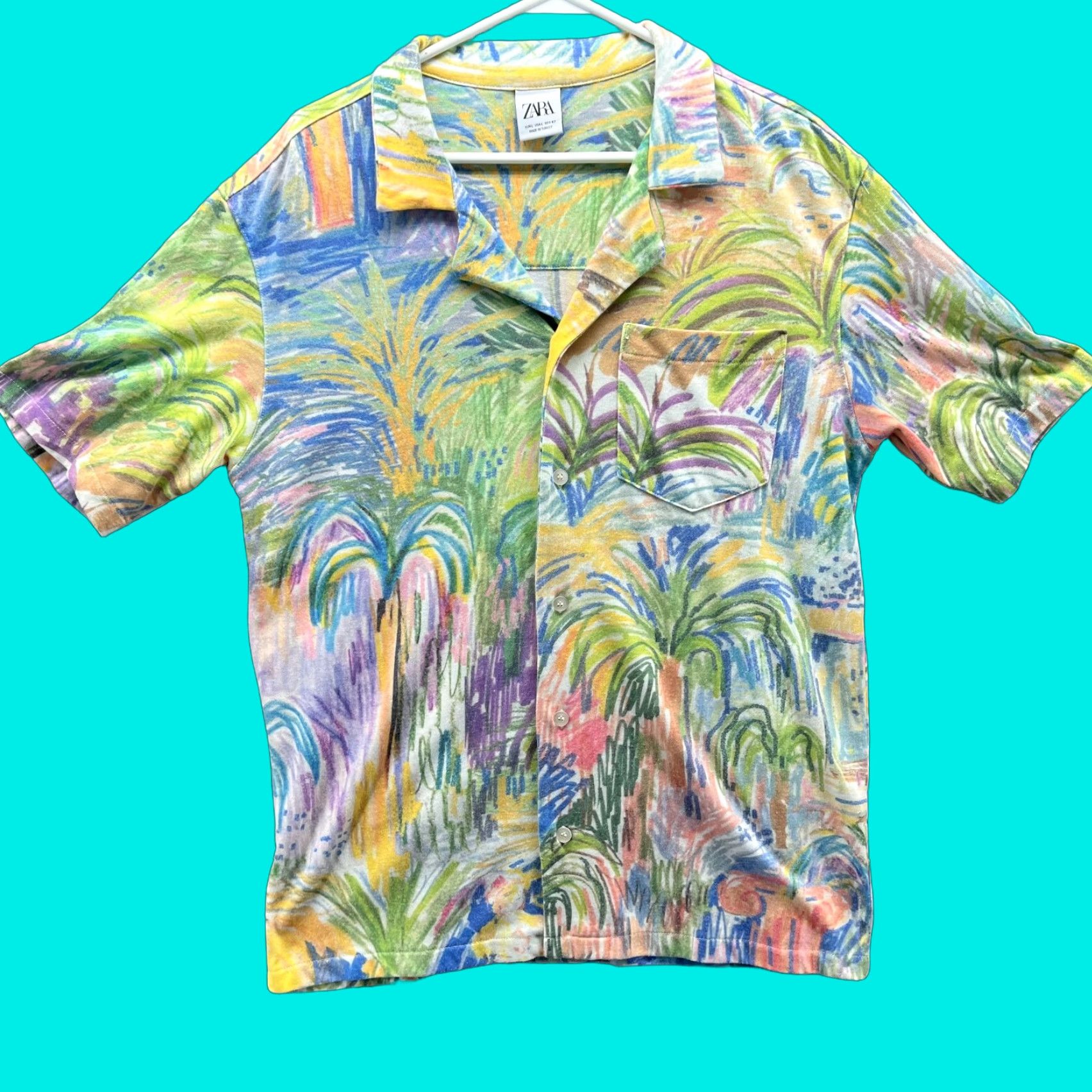 Zara Zara Shirt Mens Large Green Short Sleeve Button Down Palm Tree Tropical Art RARE Size US L / EU 52-54 / 3 - 1 Thumbnail