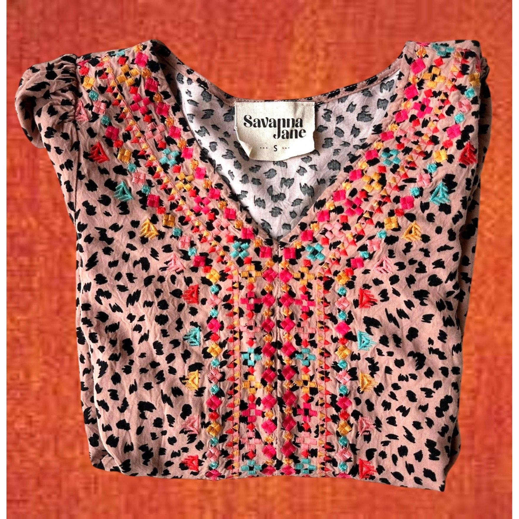 Other Savanna Jane Leopard Print Blouse Small Embroidered Artsy Size S / US 4 / IT 40 - 3 Thumbnail