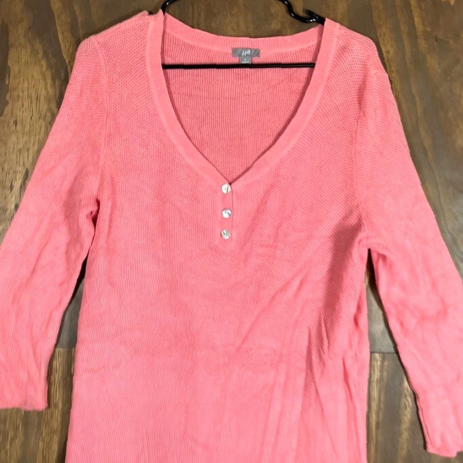 J. Jill J.Jill Womens Sweater Henley 3/4 Sleeve 100% Cotton Large Coral Knit V-Neck Shirt Size L / US 10 / IT 46 - 2 Thumbnail
